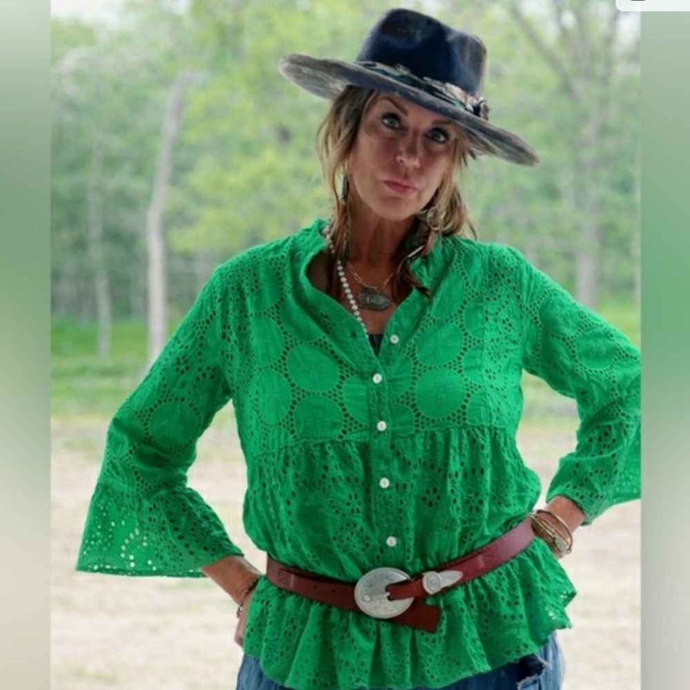 New Jaded Gypsy Green Eyelet "New Day Dawning" Cotton Blouse